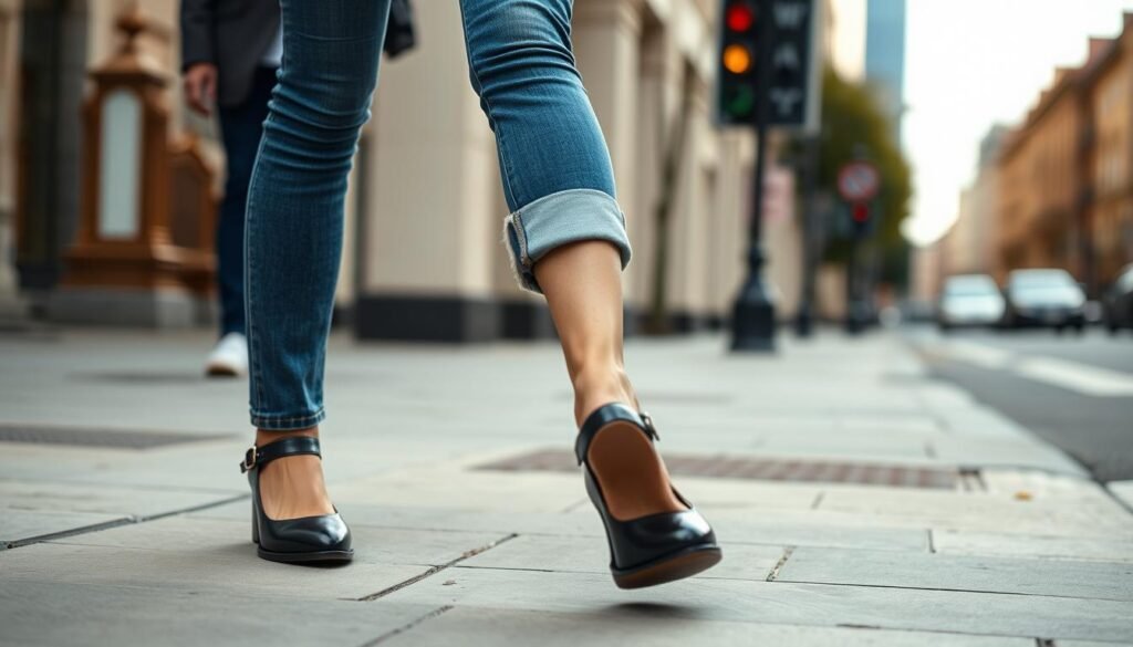 Woman confidently walking in mary jane shoes and jeans outfit
