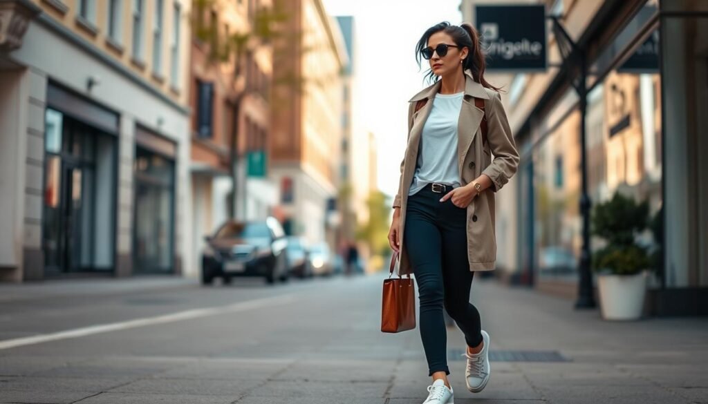 Woman confidently wearing stylish outfit with tennis shoes