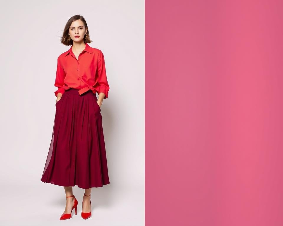 Woman demonstrating monochromatic red styling with red shoes and a burgundy outfit