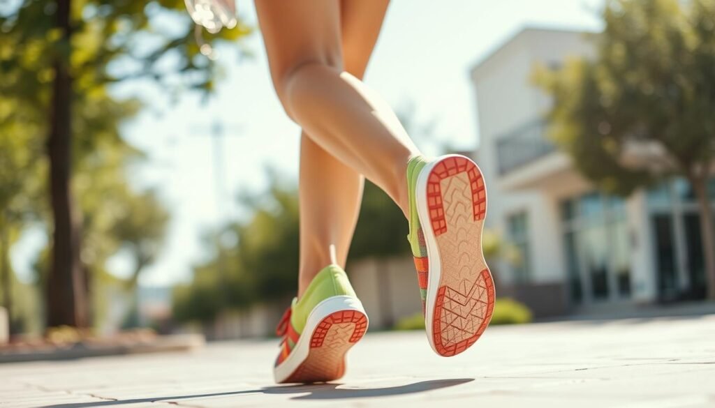 Woman happily walking in cute tennis shoes