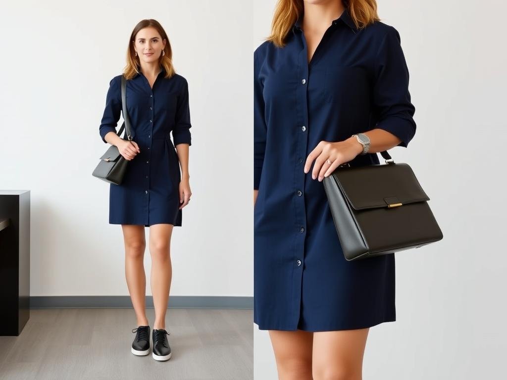 Woman in a business casual dress with leather sneakers