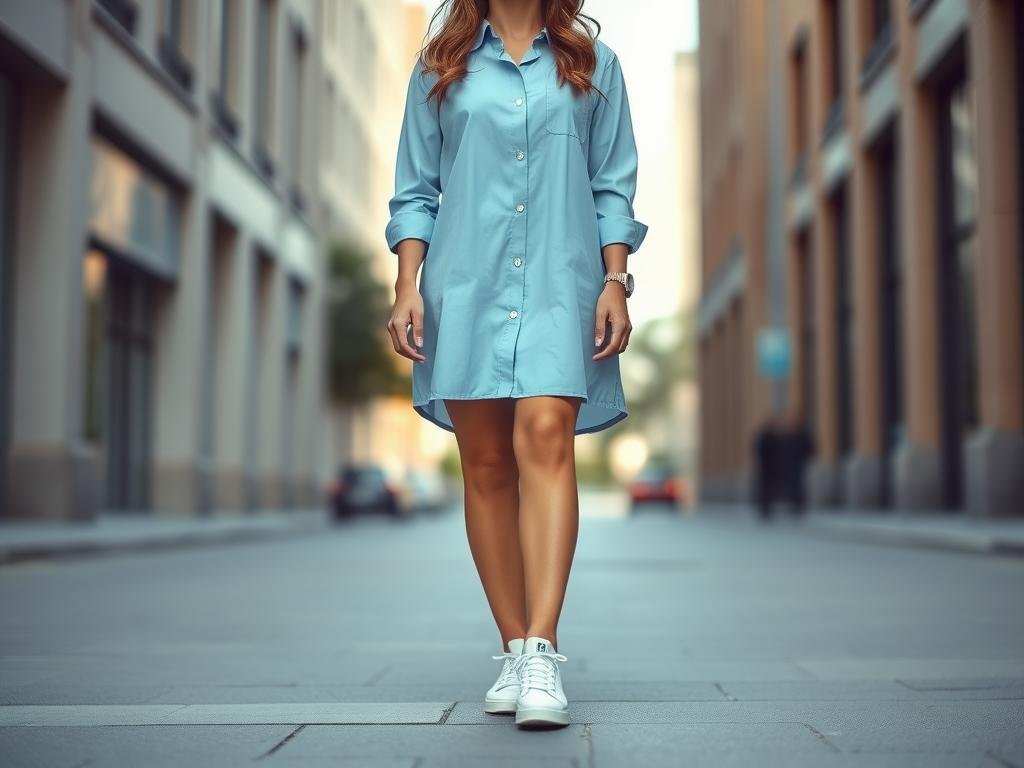 Woman in a button-down shirt dress with white tennis shoes