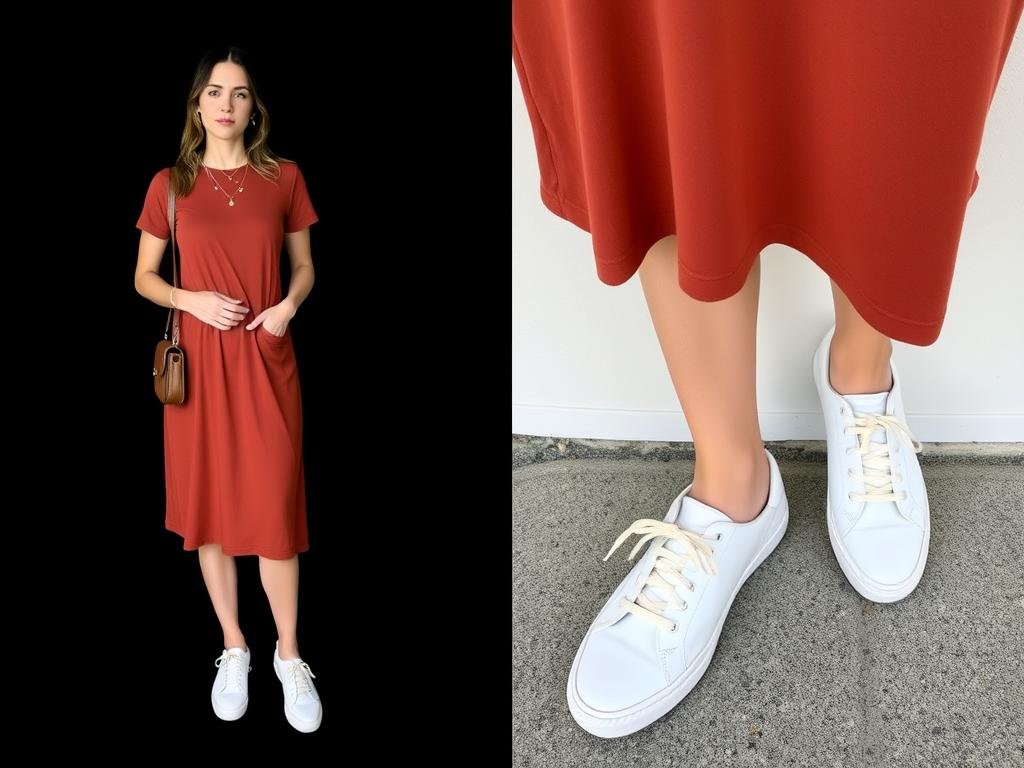 Woman in a casual midi dress with white tennis shoes