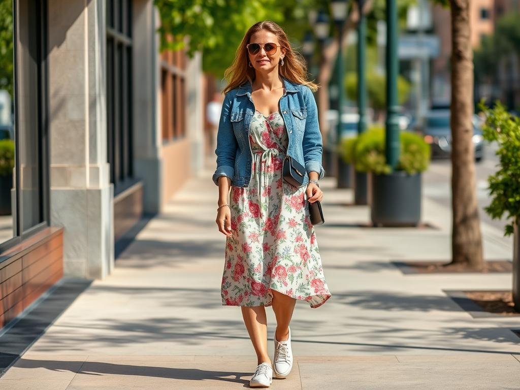 Woman in a casual sundress and canvas sneakers