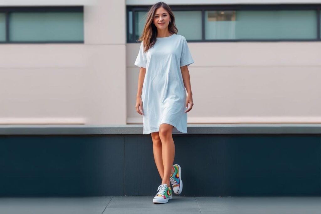 Woman in a casual t-shirt dress with colorful tennis shoes