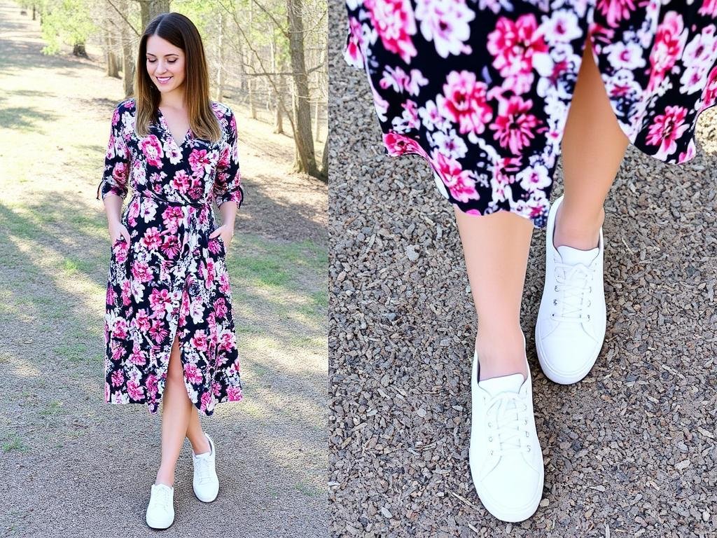 Woman in a floral wrap dress with minimalist sneakers