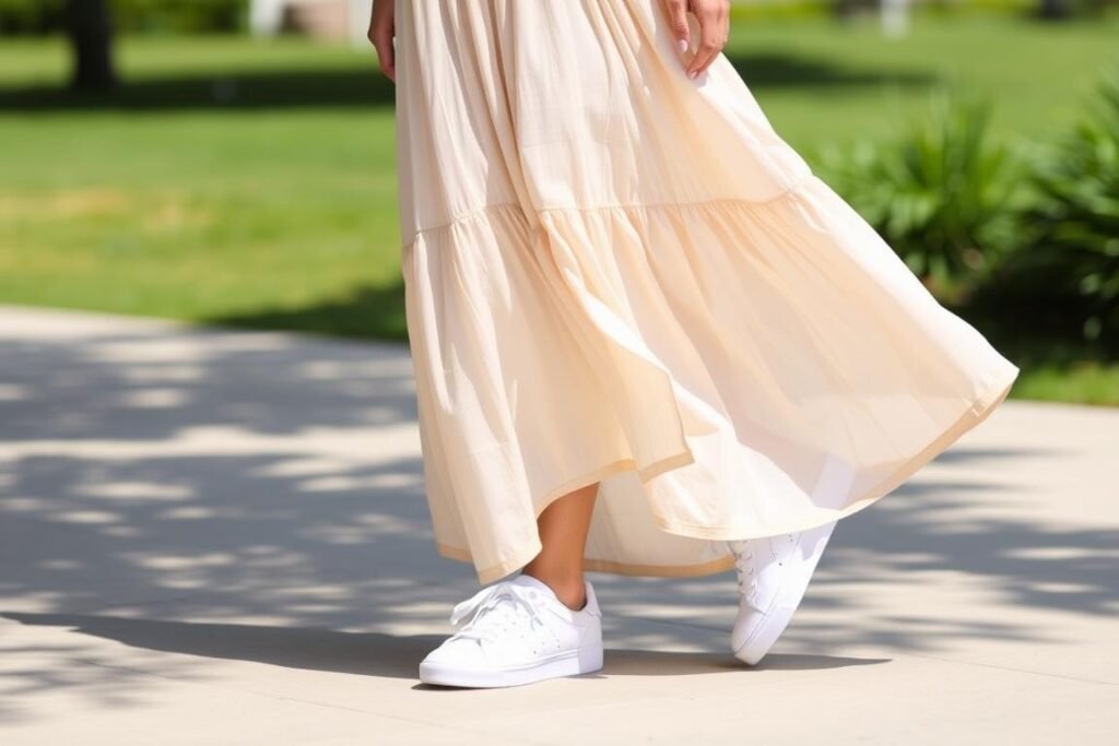 Woman in a flowing maxi dress with white minimalist sneakers