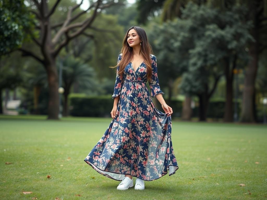 Woman in a flowing maxi dress with white sneakers
