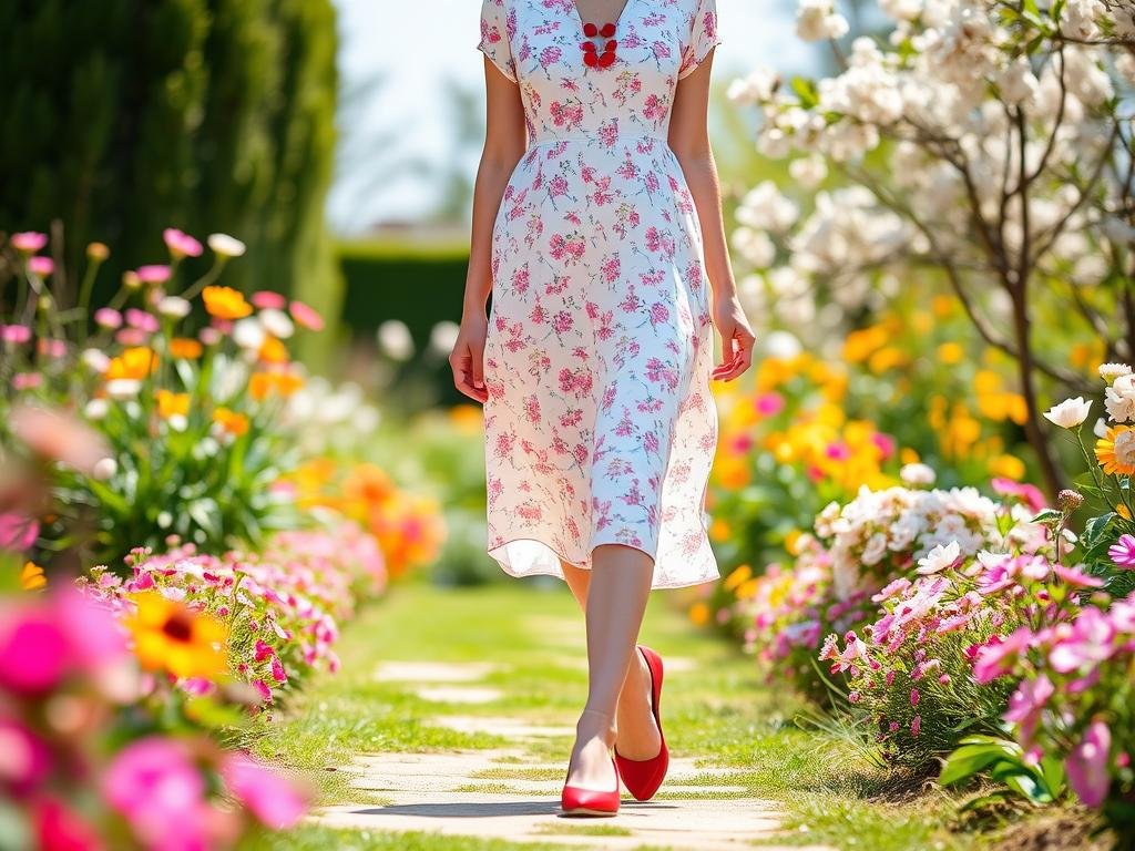 Woman in a light floral dress and red ballet flats walking through a spring garden