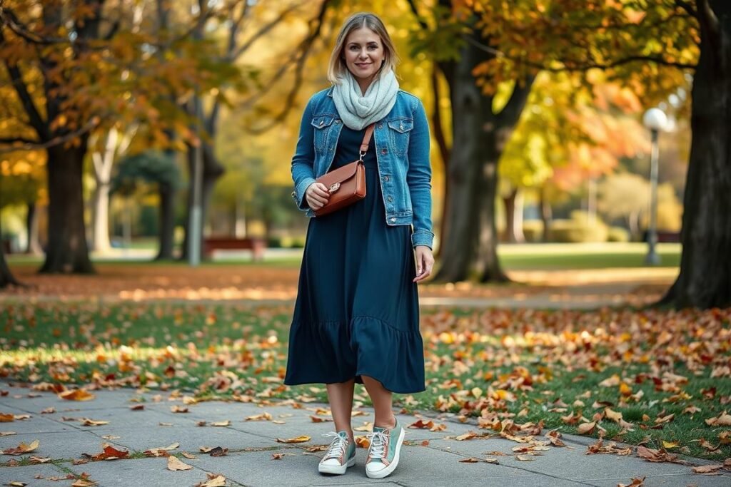 Woman in a midi dress with denim jacket and sneakers