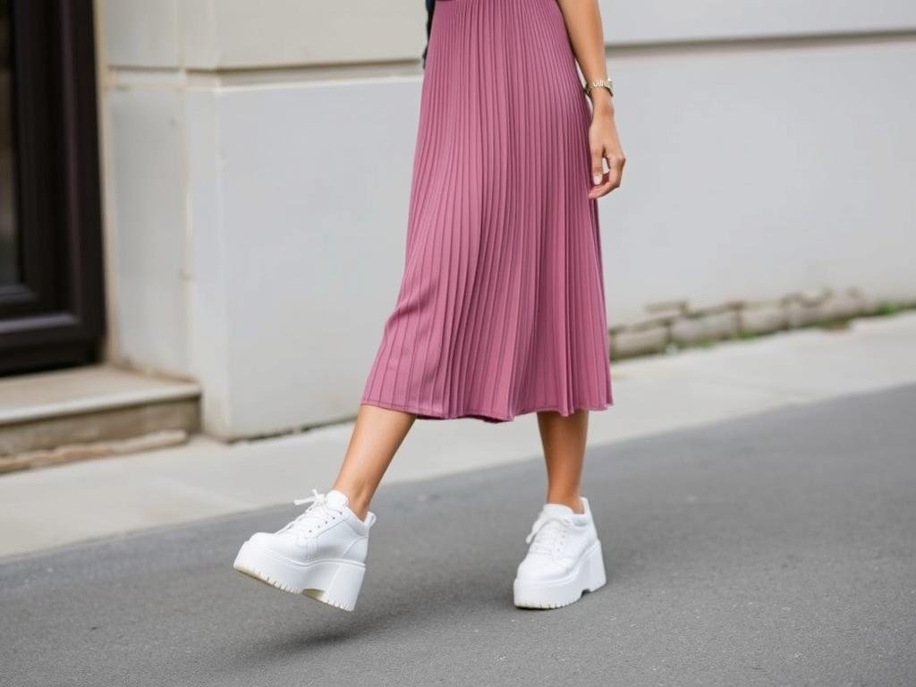 Woman in a pleated midi dress with platform sneakers