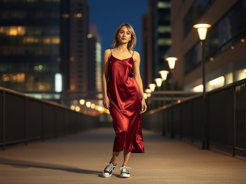 Woman in a satin slip dress with leather sneakers