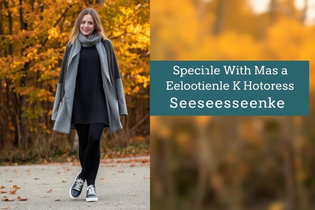 Woman in a sweater dress with leather sneakers and tights