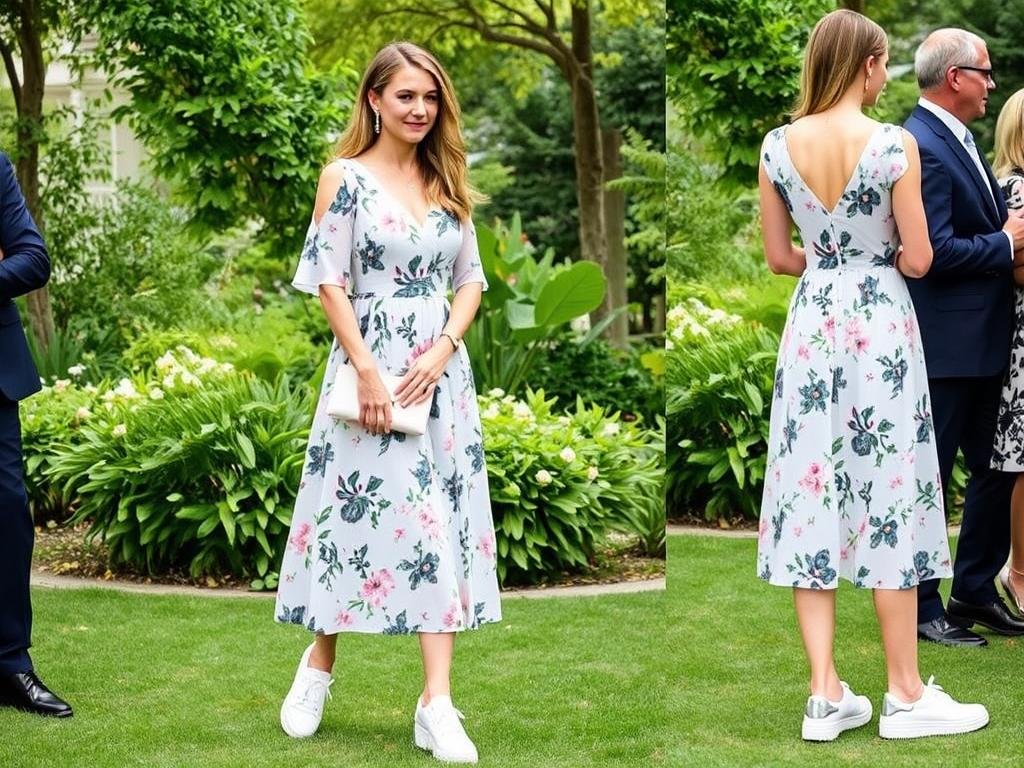 Woman in a wedding guest dress with elegant white sneakers