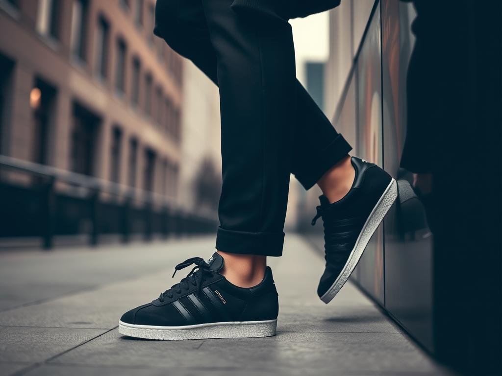 Woman in all-black outfit with black Adidas Gazelles for a sleek monochromatic adidas shoes women outfit