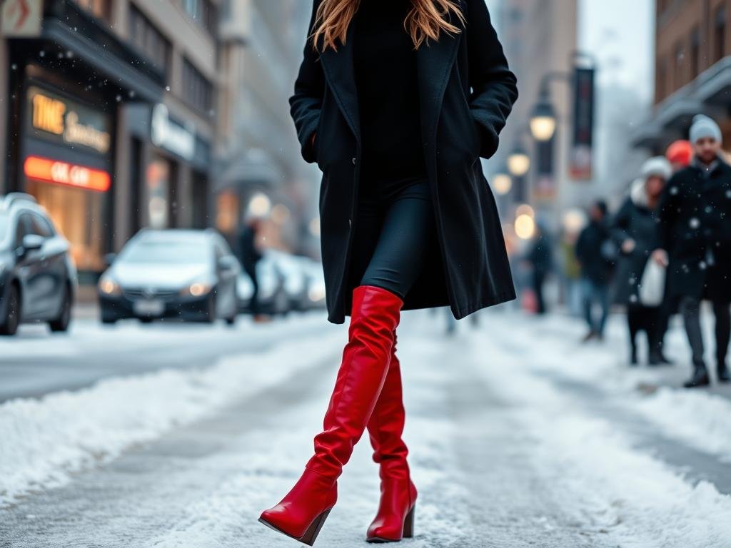 Woman in an all-black winter outfit with striking red knee-high boots walking in a snowy setting