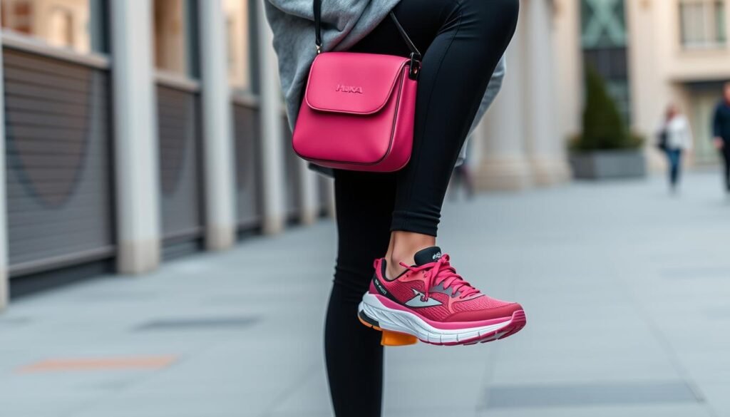 Woman in athleisure outfit with Hoka Clifton shoes, leggings and an oversized hoodie