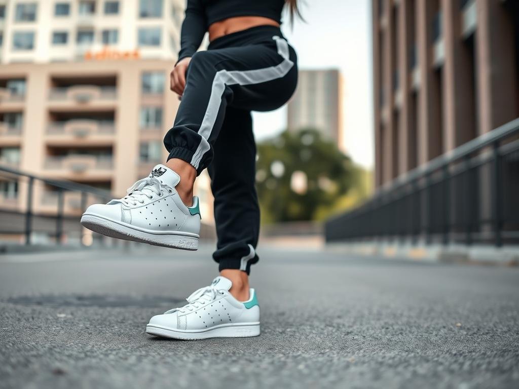 Woman in athleisure outfit with black joggers and white Adidas sneakers for a sporty adidas shoes women outfit