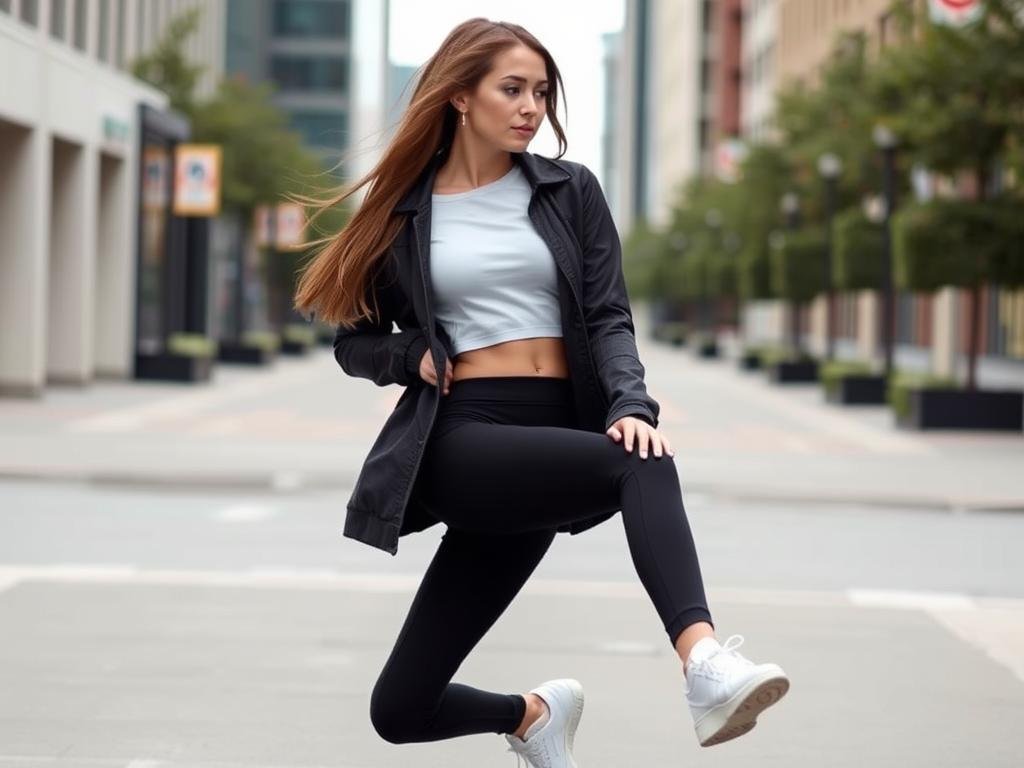 Woman in athleisure outfit with white sneakers, leggings and a sporty jacket