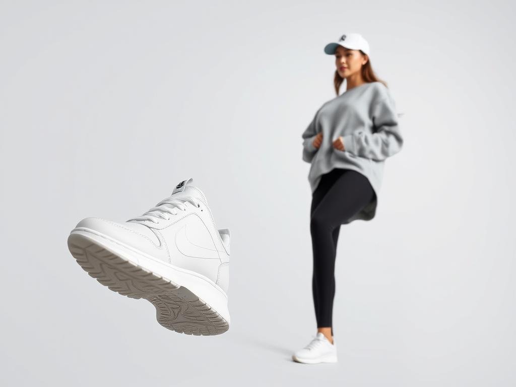 Woman in athleisure outfit with white tennis shoes