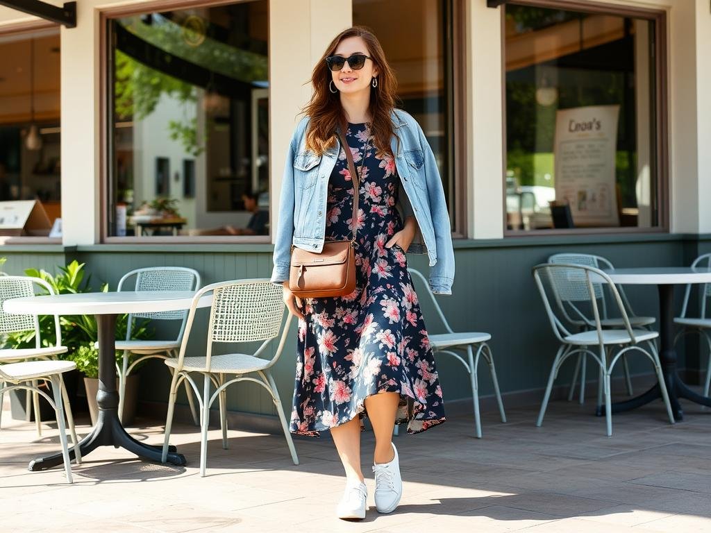 Woman in floral midi dress and white sneakers at brunch