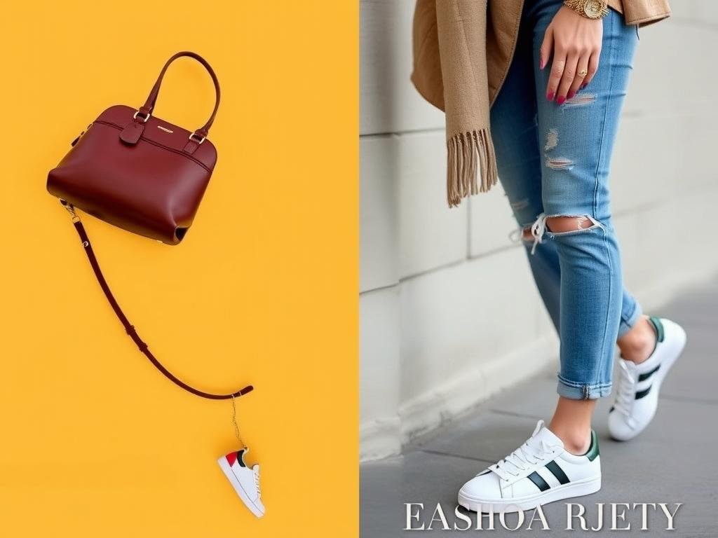 Woman in jeans and sneakers outfit with stylish accessories like hat, bag, and jewelry