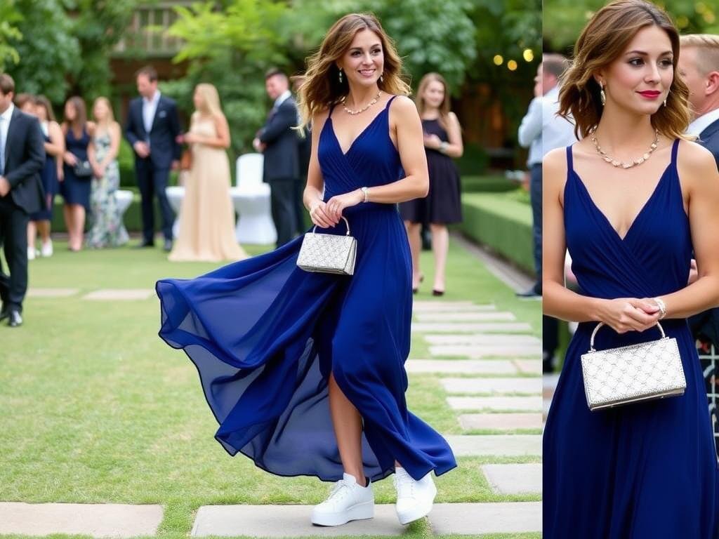 Woman in maxi dress with platform sneakers at outdoor event