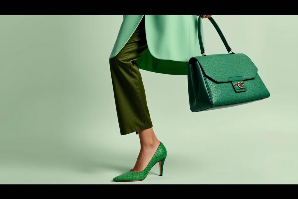Woman in monochromatic green outfit featuring Bottega Veneta green pumps for a color-coordinated bottega veneta shoes outfit