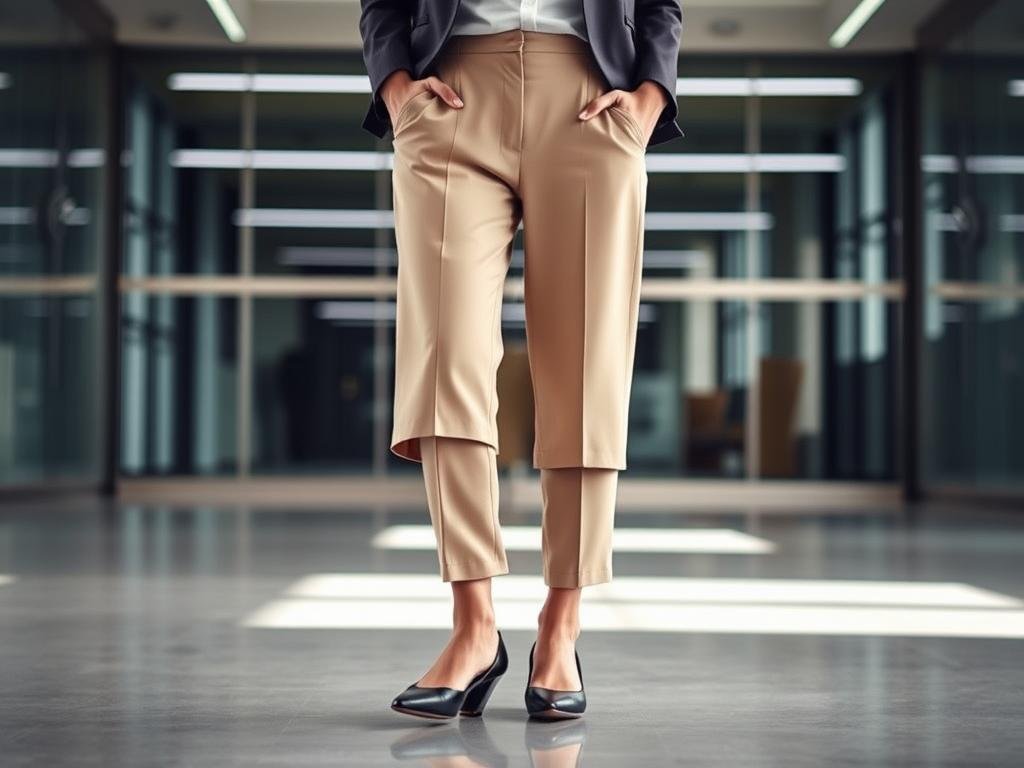 Woman in office-appropriate spring outfit featuring elegant flats and professional attire
