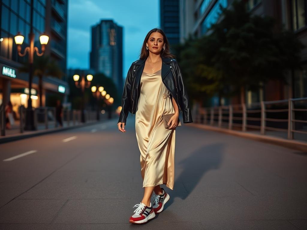 Woman in slip dress with retro sneakers for evening date