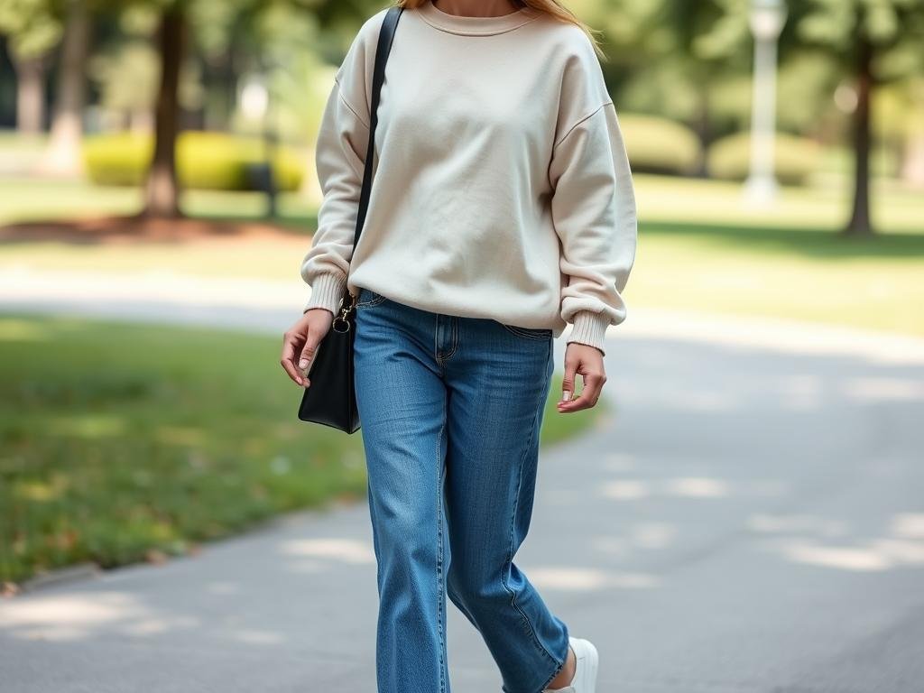 Woman in straight leg jeans, white sneakers, and oversized sweater for a casual weekend look