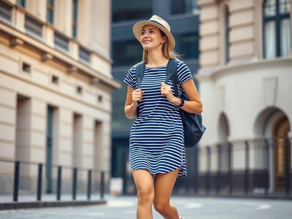 Woman in t-shirt dress with running sneakers exploring a city