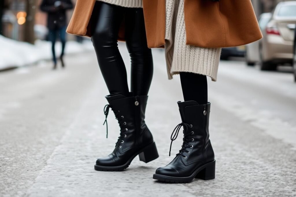Woman in winter outfit featuring Bottega Veneta boots for a cold-weather bottega veneta shoes outfit