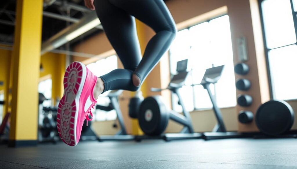 Woman in workout clothes with pink athletic shoes at gym