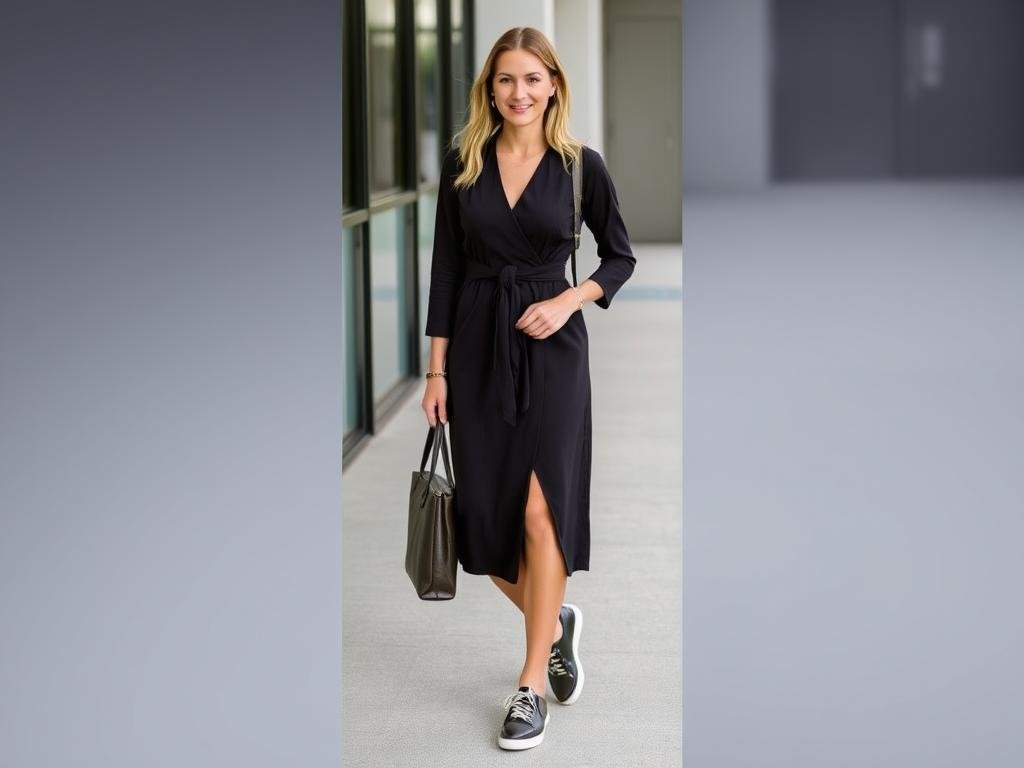 Woman in wrap dress with leather sneakers in office setting