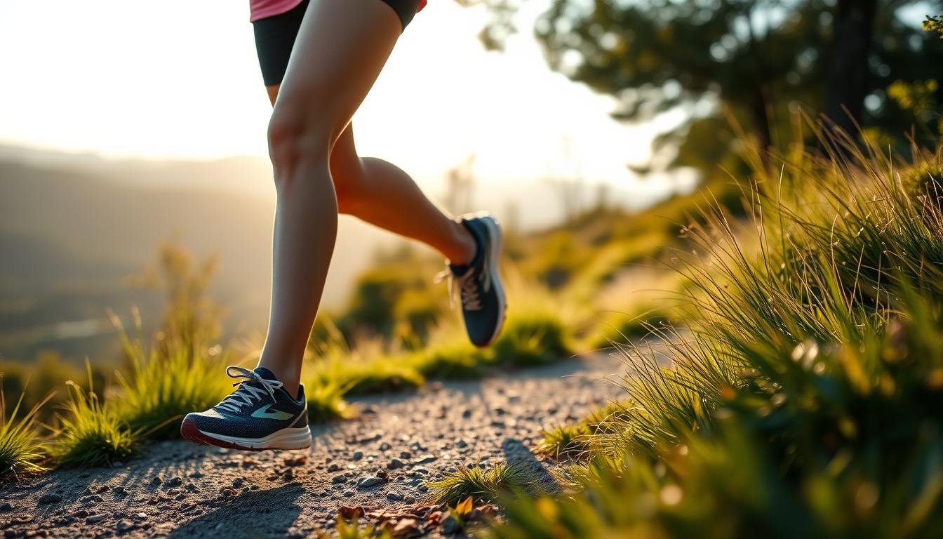 Woman running in Brooks running shoes on a scenic trail
