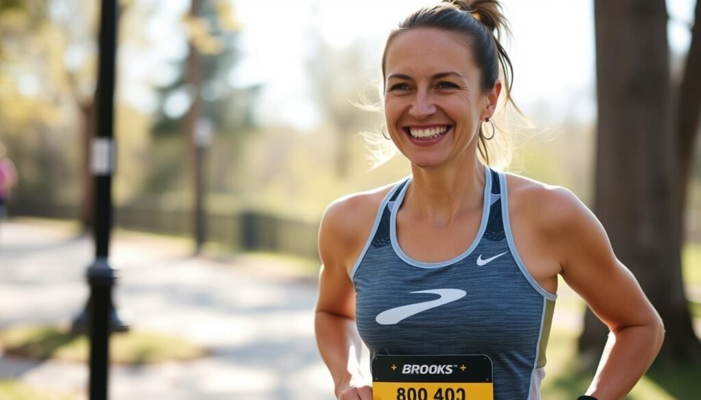 Woman smiling after run in Brooks running shoes