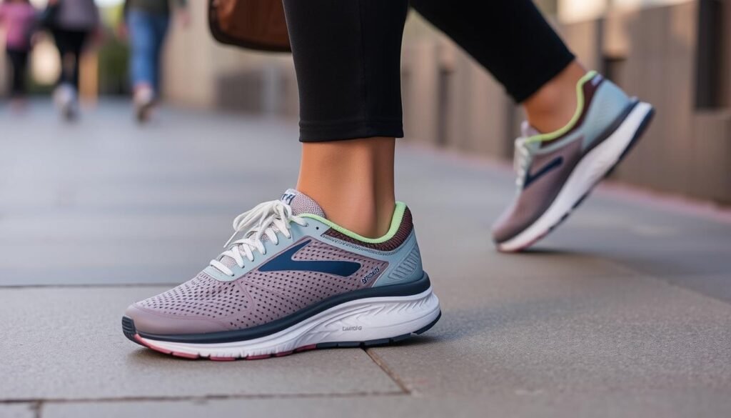 Woman styling Brooks running shoes with casual outfit