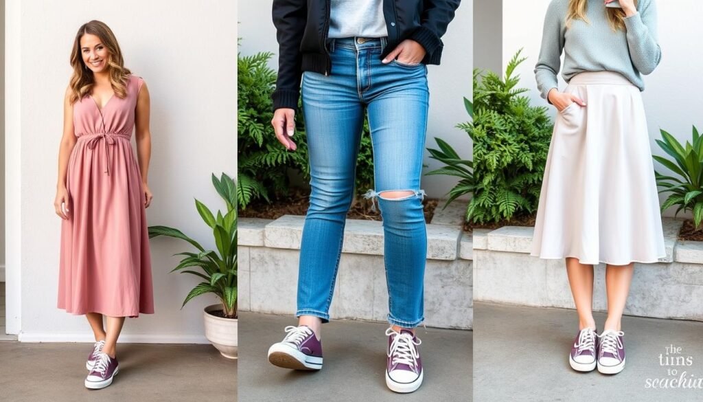 Woman styling cute tennis shoes with different outfits