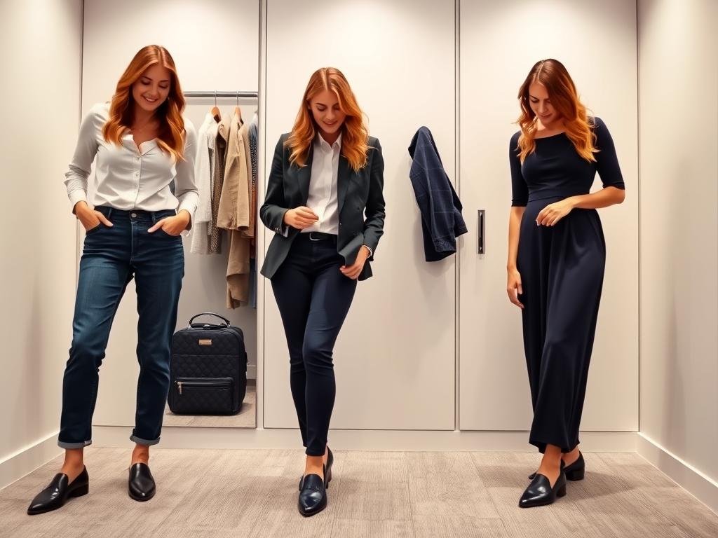 Woman styling navy blue loafers with different outfits showing versatility