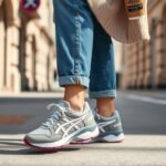 Woman wearing ASICS Gel-Kayano sneakers with straight-leg jeans and an oversized sweater