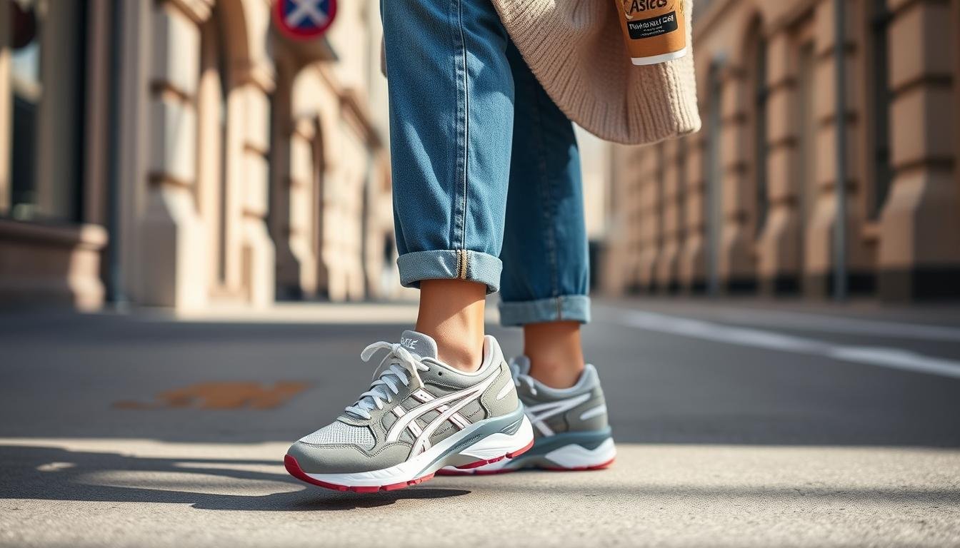 Woman wearing ASICS Gel-Kayano sneakers with straight-leg jeans and an oversized sweater