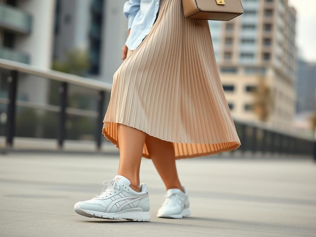Woman wearing ASICS sneakers with a pleated midi skirt and button-down shirt