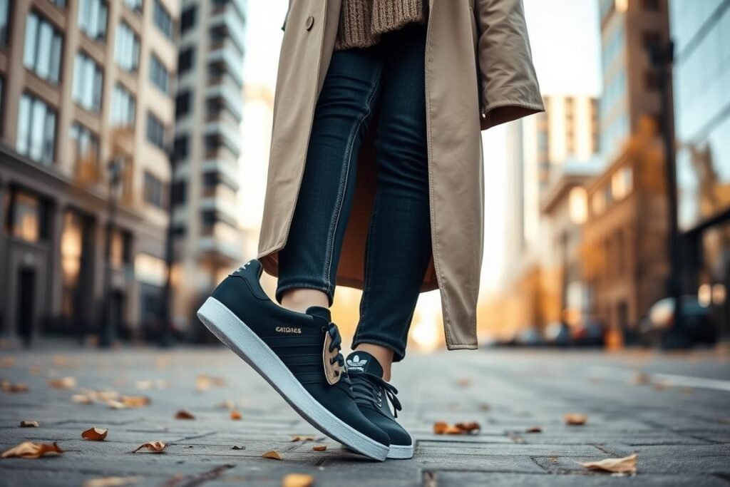 Woman wearing Adidas Gazelles with straight leg jeans and a trench coat for a fall adidas shoes women outfit