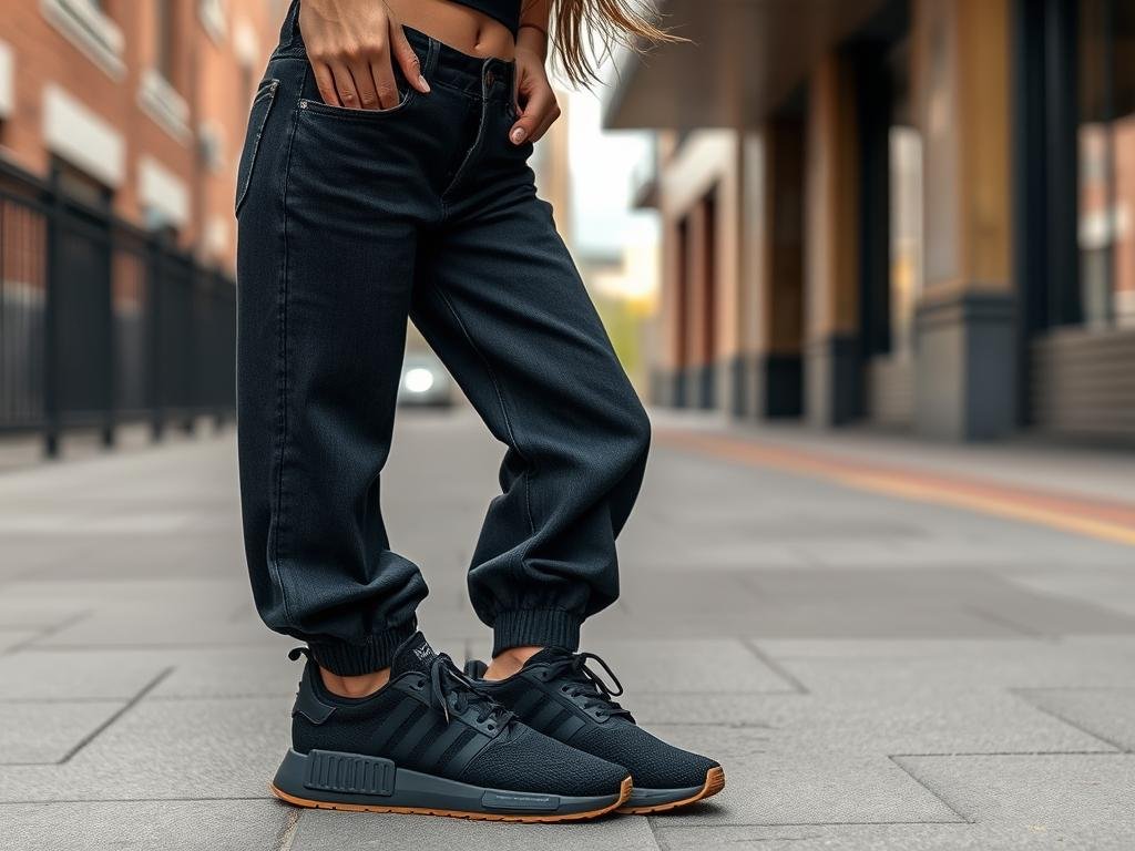 Woman wearing Adidas Sambas with low-rise baggy jeans and a crop top, inspired by Bella Hadid's adidas shoes women outfit style