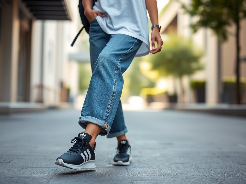 Woman wearing Adidas Sambas with wide leg jeans and a simple white t-shirt for a casual adidas shoes women outfit