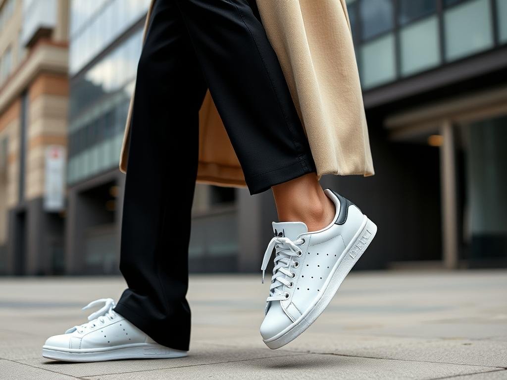 Woman wearing Adidas Stan Smiths with tailored trousers and an oversized blazer for an elevated adidas shoes women outfit