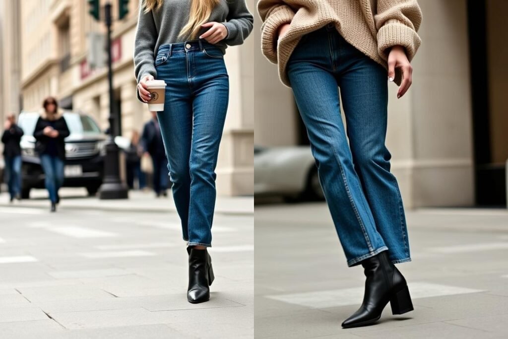 Woman wearing Bottega Veneta Lug boots with straight-leg jeans and oversized sweater for a casual daytime bottega veneta shoes outfit