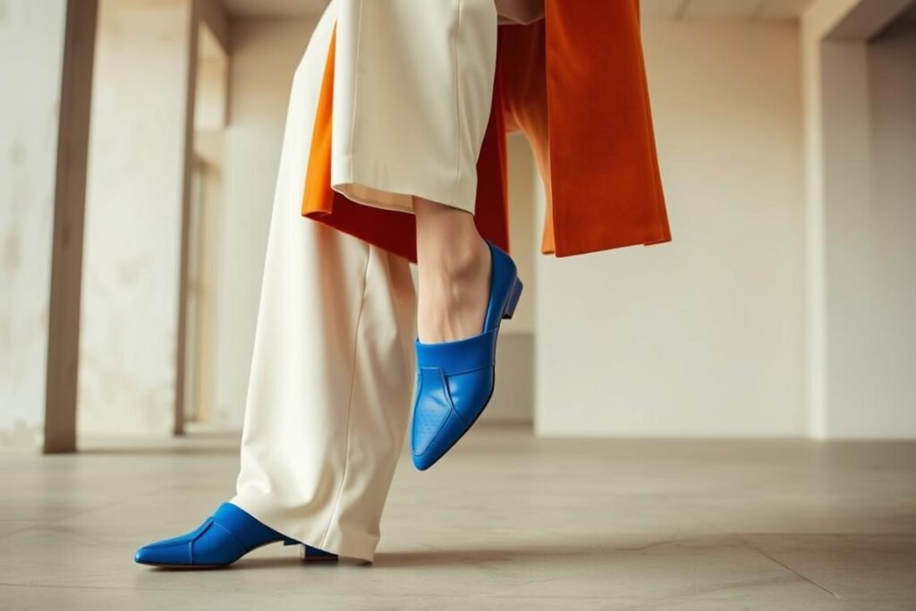 Woman wearing Bottega Veneta blue mules with complementary orange accents for a color-coordinated bottega veneta shoes outfit