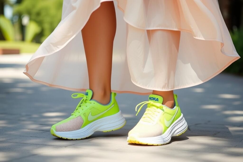 Woman wearing Hoka shoes with a casual summer dress